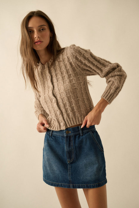 Naomi Cable Knit Button-Up Cardigan Sweater | Women's Fall and Trendy Style | Long Sleeves | Neutral | Beige | Layers