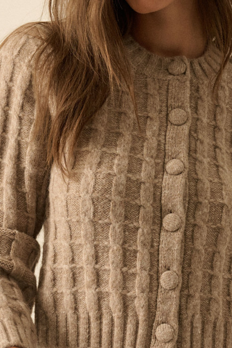 Naomi Cable Knit Button-Up Cardigan Sweater | Women's Fall and Trendy Style | Long Sleeves | Neutral | Beige | Layers