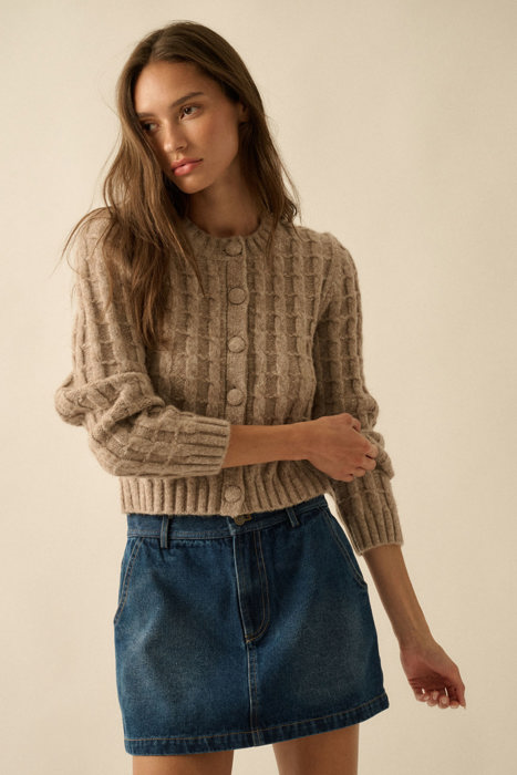 Naomi Cable Knit Button-Up Cardigan Sweater | Women's Fall and Trendy Style | Long Sleeves | Neutral | Beige | Layers
