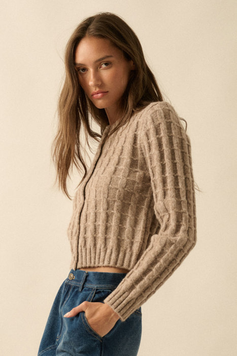 Naomi Cable Knit Button-Up Cardigan Sweater | Women's Fall and Trendy Style | Long Sleeves | Neutral | Beige | Layers