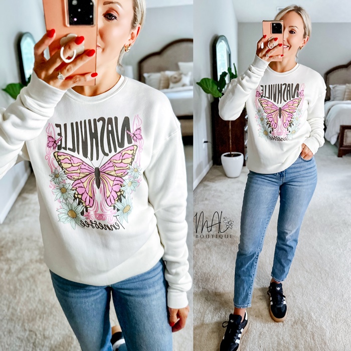 Nashville Oversized Graphic Sweatshirt | Soft Long Sleeve Sweater | Cotton | Vintage White