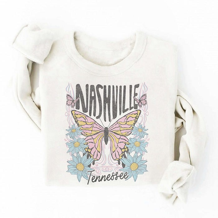 Nashville Oversized Graphic Sweatshirt | Soft Long Sleeve Sweater | Cotton | Vintage White