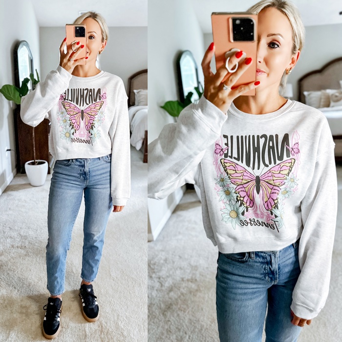 Nashville Midi Graphic Sweatshirt | White Soft Crewneck Long Sleeve Sweater | Cotton