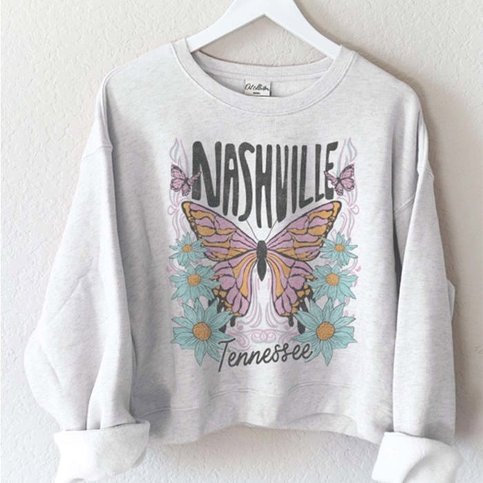 Nashville Midi Graphic Sweatshirt | White Soft Crewneck Long Sleeve Sweater | Cotton