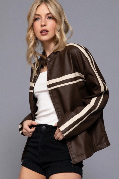 Pamela Line Detail Faux Leather Jacket | Women's Brown Zip-Up  | Fall and Winter Style