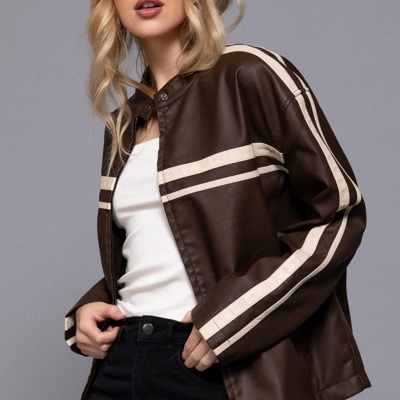 Pamela Line Detail Faux Leather Jacket | Women's Brown Zip-Up  | Fall and Winter Style