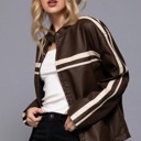  Pamela Line Detail Faux Leather Jacket | Women's Brown Zip-Up  | Fall and Winter Style