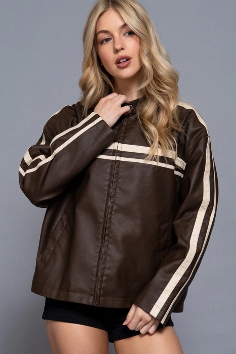 Pamela Line Detail Faux Leather Jacket | Women's Brown Zip-Up  | Fall and Winter Style