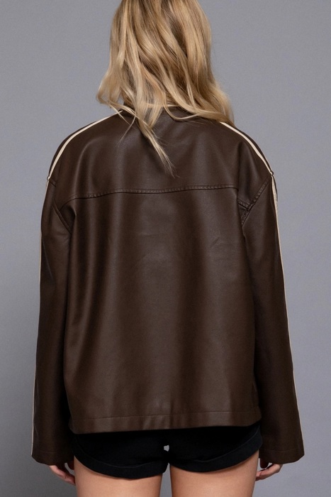 Pamela Line Detail Faux Leather Jacket | Women's Brown Zip-Up  | Fall and Winter Style