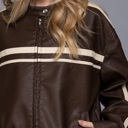  Pamela Line Detail Faux Leather Jacket | Women's Brown Zip-Up  | Fall and Winter Style