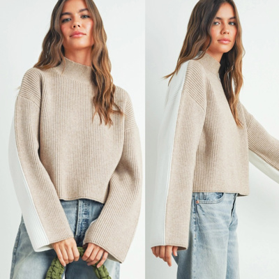 Paulina Two-Toned Turtleneck Sweater | Color Block Neutral Women's Sweater | Fall and Winter Trendy Women's Tops | Warm Sweater Weather