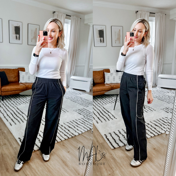 Raina Nylon Track Pants | Black and White Athleisure Pants | Trendy Activewear | Women's Track Pants