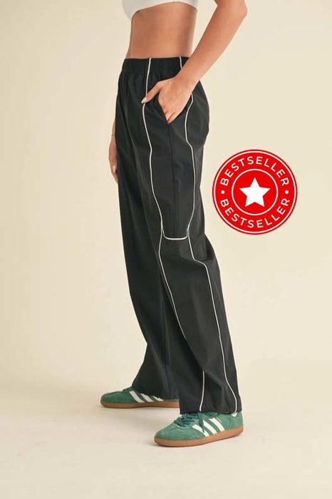Raina Nylon Track Pants | Black and White Athleisure Bottoms | Trendy Activewear | Women's Fall Style