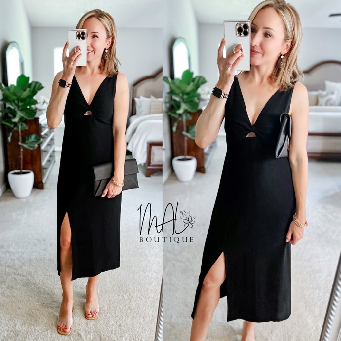 Reba Twist Front Midi Dress | Little Black Dress | Keyhole Cut-Out Dress | Wedding Guest Dress | Vacation Dress