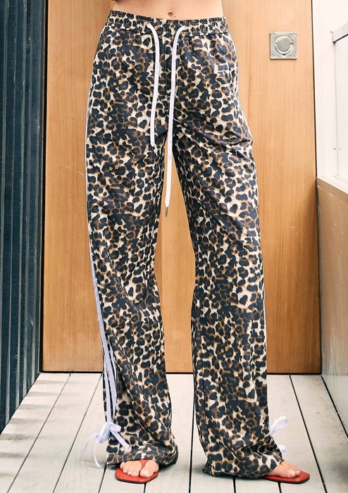 Rebecca Cheetah Print Wide Track Pants | Women's Athleisurewear | Elastic Waistband | Pockets | Trendy Fall and Winter Fashion | Ribbon Side Detail | Travel