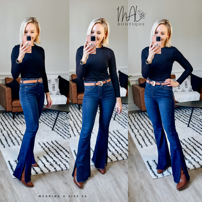 Reese High Rise Outer Slit Flare Jean | Women's Flare Jeans | Dark Wash Flares | Trendy Denim