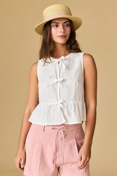 River Sleeveless Triple Bow Self-Tie Top | Women's Sleeveless Top | Trendy Summer Shirt | Lightweight + Trendy