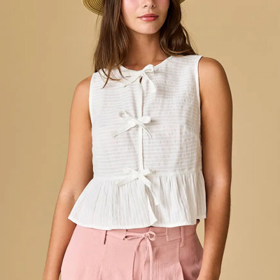 River Sleeveless Triple Bow Self-Tie Top | Women's Sleeveless Top | Trendy Summer Shirt | Lightweight + Trendy