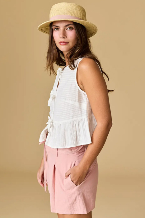 River Sleeveless Triple Bow Self-Tie Top | Women's Sleeveless Top | Trendy Summer Shirt | Lightweight + Trendy