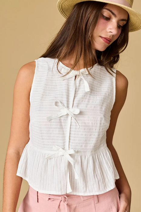 River Sleeveless Triple Bow Self-Tie Top | Women's Sleeveless Top | Trendy Summer Shirt | Lightweight + Trendy