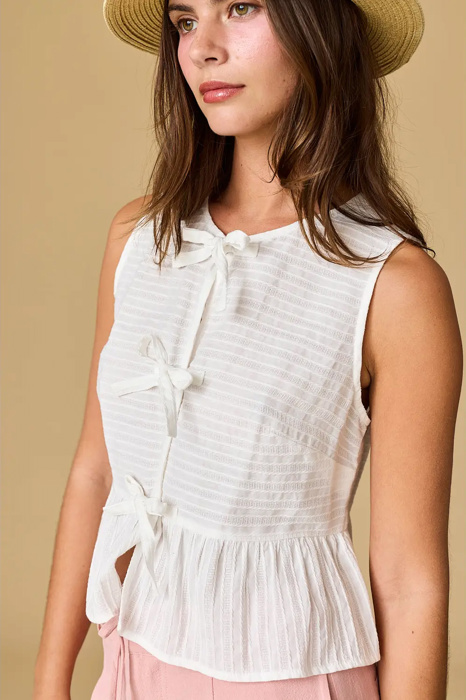 River Sleeveless Triple Bow Self-Tie Top | Women's Sleeveless Top | Trendy Summer Shirt | Lightweight + Trendy