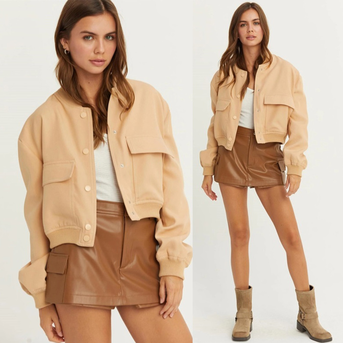 Sailor Cropped Utility Bomber Jacket | Neutral Beige Tan Button-Up Jacket | Front Pockets | Women's Jackets | Trendy Streetwear