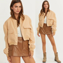  Sailor Cropped Utility Bomber Jacket | Neutral Beige Tan Button-Up Jacket | Front Pockets | Women's Jackets | Trendy Streetwear