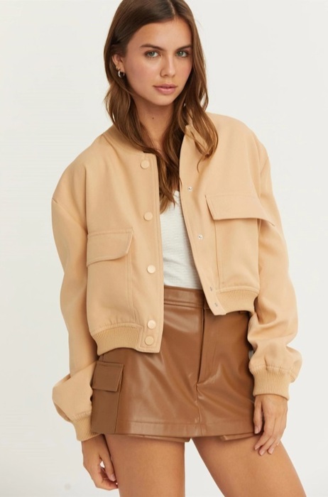 Sailor Cropped Utility Bomber Jacket | Neutral Beige Tan Button-Up Jacket | Front Pockets | Women's Jackets | Trendy Streetwear