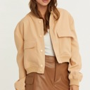  Sailor Cropped Utility Bomber Jacket | Neutral Beige Tan Button-Up Jacket | Front Pockets | Women's Jackets | Trendy Streetwear