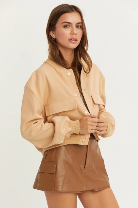 Sailor Cropped Utility Bomber Jacket | Neutral Beige Tan Button-Up Jacket | Front Pockets | Women's Jackets | Trendy Streetwear