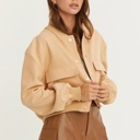  Sailor Cropped Utility Bomber Jacket | Neutral Beige Tan Button-Up Jacket | Front Pockets | Women's Jackets | Trendy Streetwear