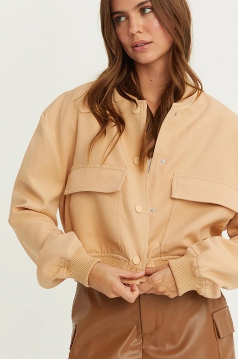 Sailor Cropped Utility Bomber Jacket | Neutral Beige Tan Button-Up Jacket | Front Pockets | Women's Jackets | Trendy Streetwear