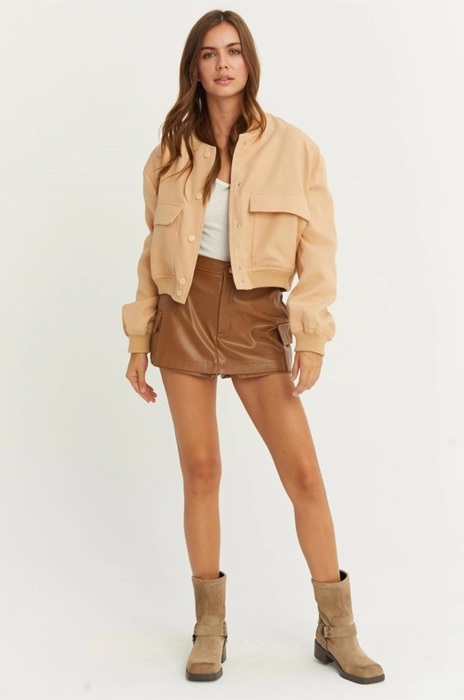 Sailor Cropped Utility Bomber Jacket | Neutral Beige Tan Button-Up Jacket | Front Pockets | Women's Jackets | Trendy Streetwear