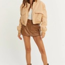  Sailor Cropped Utility Bomber Jacket | Neutral Beige Tan Button-Up Jacket | Front Pockets | Women's Jackets | Trendy Streetwear