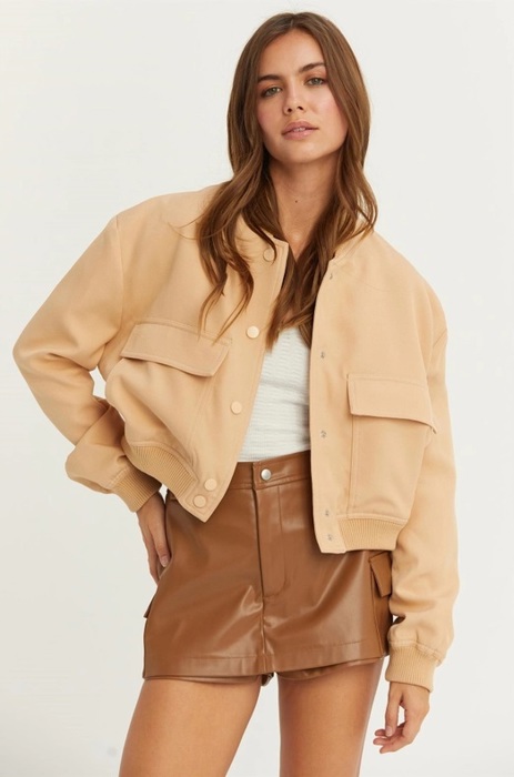 Sailor Cropped Utility Bomber Jacket | Neutral Beige Tan Button-Up Jacket | Front Pockets | Women's Jackets | Trendy Streetwear