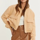  Sailor Cropped Utility Bomber Jacket | Neutral Beige Tan Button-Up Jacket | Front Pockets | Women's Jackets | Trendy Streetwear