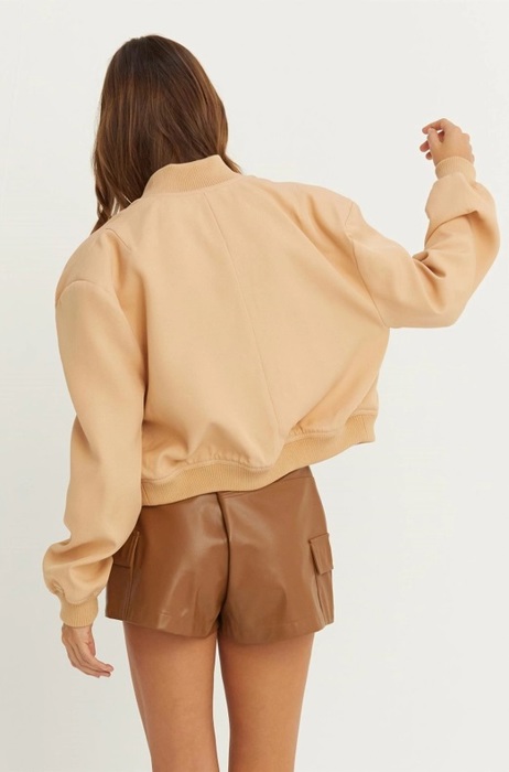 Sailor Cropped Utility Bomber Jacket | Neutral Beige Tan Button-Up Jacket | Front Pockets | Women's Jackets | Trendy Streetwear