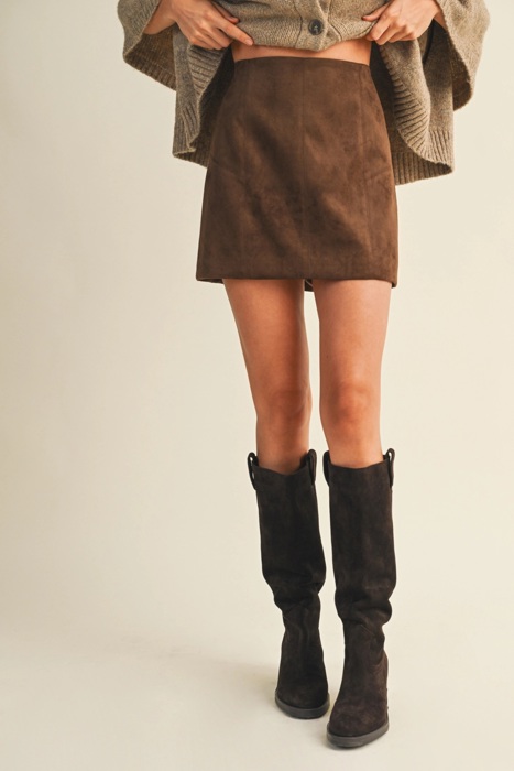 Sandy Fitted Suede Mini Skirt | Women's Chocolate Brown Fall and Winter Bottoms | Trendy Chic Style | Holiday Outfit