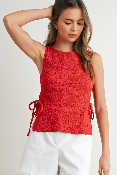 Shelley Crimson Texture Tie Top | Women's Red Textured Shirt | Lightweight and Adjustable | Side-Ties | Trendy Tops