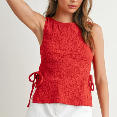 Shelley Crimson Texture Tie Top | Women's Red Textured Shirt | Lightweight and Adjustable | Side-Ties | Trendy Tops