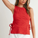 Shelley Crimson Texture Tie Top | Women's Red Textured Shirt | Lightweight and Adjustable | Side-Ties | Trendy Tops