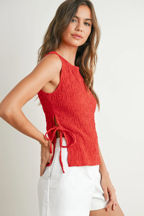 Shelley Crimson Texture Tie Top | Women's Red Textured Shirt | Lightweight and Adjustable | Side-Ties | Trendy Tops