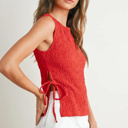 Shelley Crimson Texture Tie Top | Women's Red Textured Shirt | Lightweight and Adjustable | Side-Ties | Trendy Tops