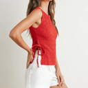  Shelley Crimson Texture Tie Top | Women's Red Textured Shirt | Lightweight and Adjustable | Side-Ties | Trendy Tops