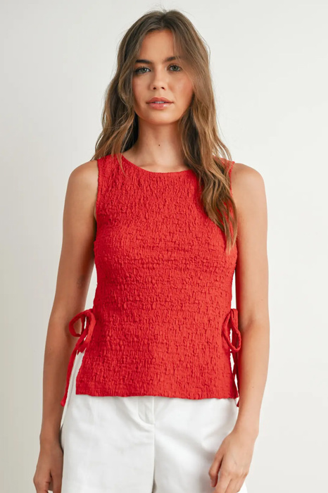 Shelley Crimson Texture Tie Top | Women's Red Textured Shirt | Lightweight and Adjustable | Side-Ties | Trendy Tops