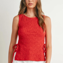  Shelley Crimson Texture Tie Top | Women's Red Textured Shirt | Lightweight and Adjustable | Side-Ties | Trendy Tops