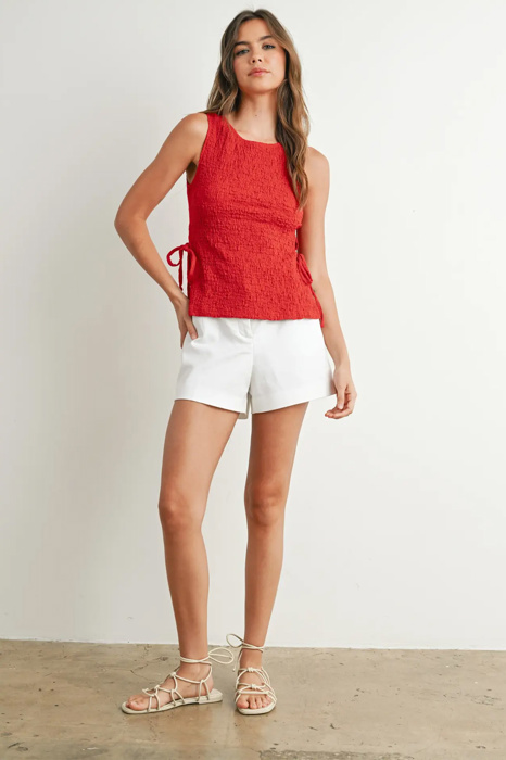 Shelley Crimson Texture Tie Top | Women's Red Textured Shirt | Lightweight and Adjustable | Side-Ties | Trendy Tops