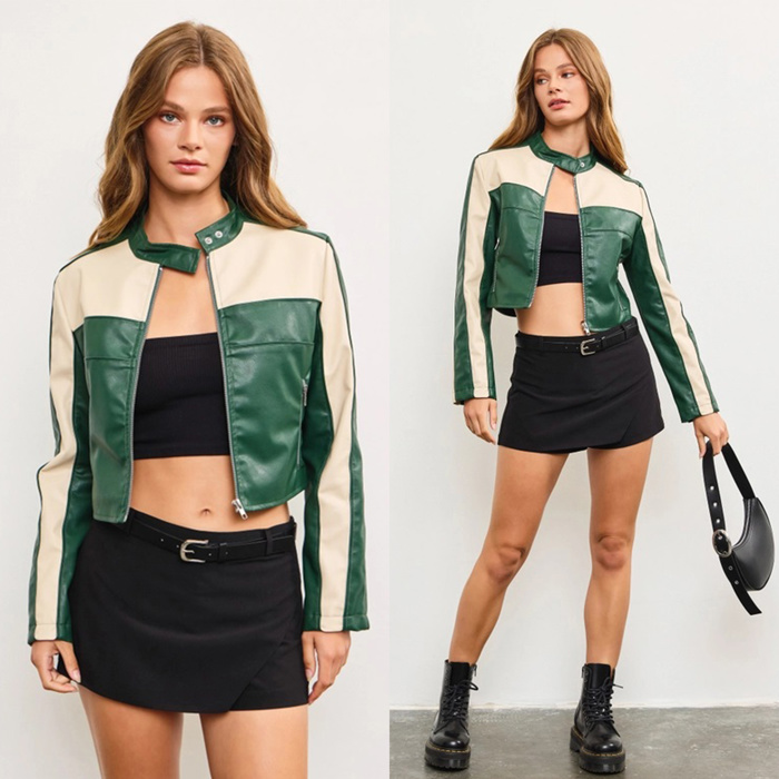 Sierra Color Block Cropped Jacket | Color Block Faux Leather Jacket | Trendy Fall | Taupe and Green