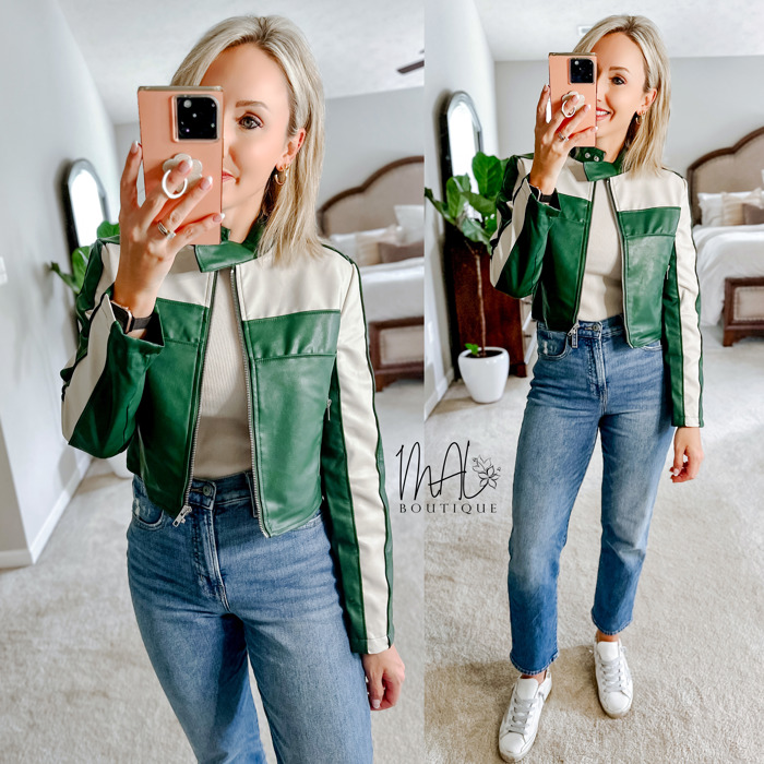 Sierra Color Block Cropped Jacket | Color Block Faux Leather Jacket | Trendy Fall | Taupe and Green