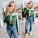  Sierra Color Block Cropped Jacket | Color Block Faux Leather Jacket | Trendy Fall | Taupe and Green